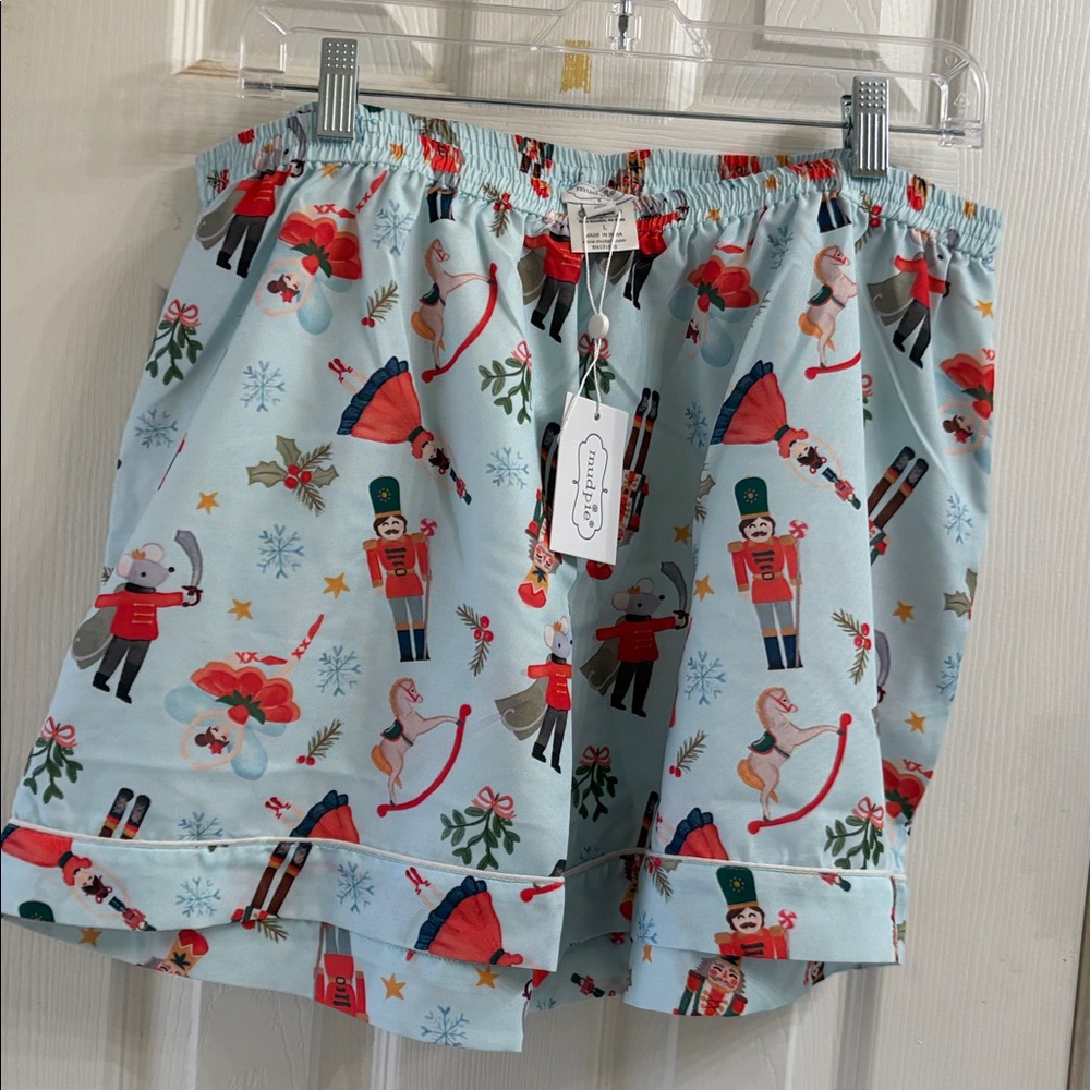 Mud Pie Festive Pajama Shorts - Light Blue and Red. NWT
